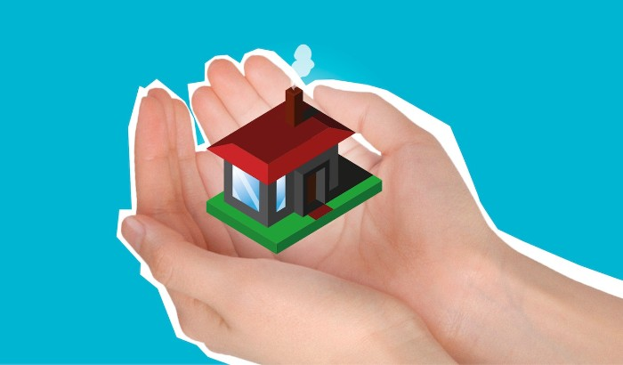 Graphic illustration of a persons hands holding a tiny house